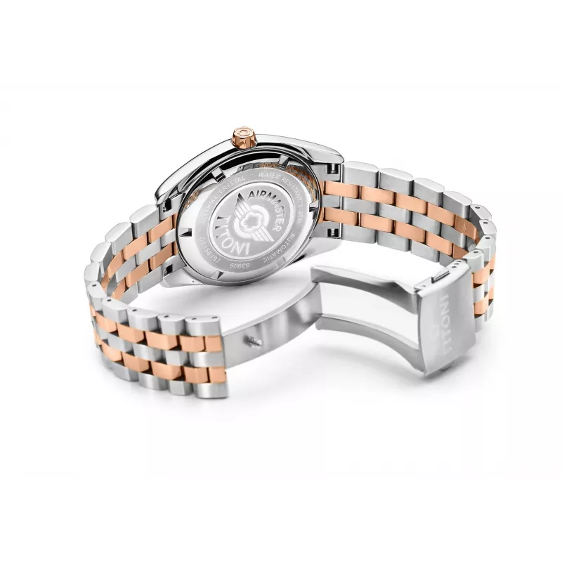 TITONI Vyriškas automatinis laikrodis 83909SRG-063 38,5 mm Rožinio aukso PVD nerūdijantis plienas Sidabrinis ciferblatas Ruda odinė juosta