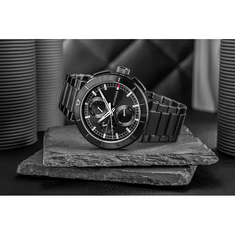 Tommy Hilfiger vyriškas laikrodis Decker Quartz 44mm nerūdijantis plienas mėlynas ciferblatas ruda oda