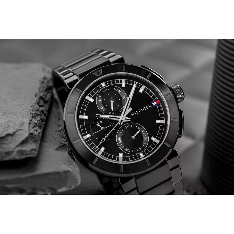 Tommy Hilfiger vyriškas laikrodis Decker Quartz 44mm nerūdijantis plienas mėlynas ciferblatas ruda oda