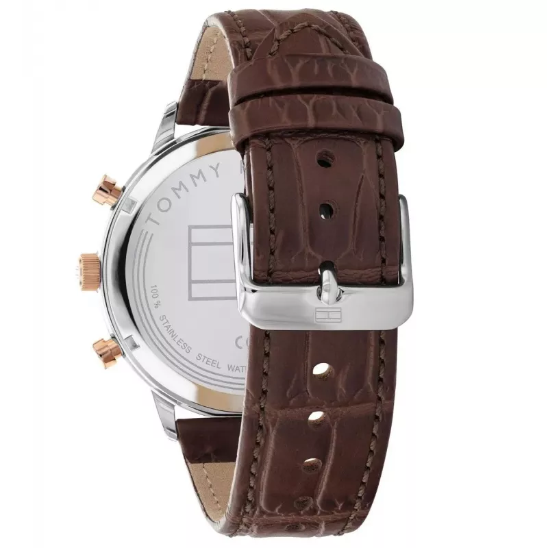Vyriškas laikrodis Tommy Hilfiger 1791987 44mm nerūdijančio plieno korpusas, rudo odos dirželis, mėlynas ciferblatas