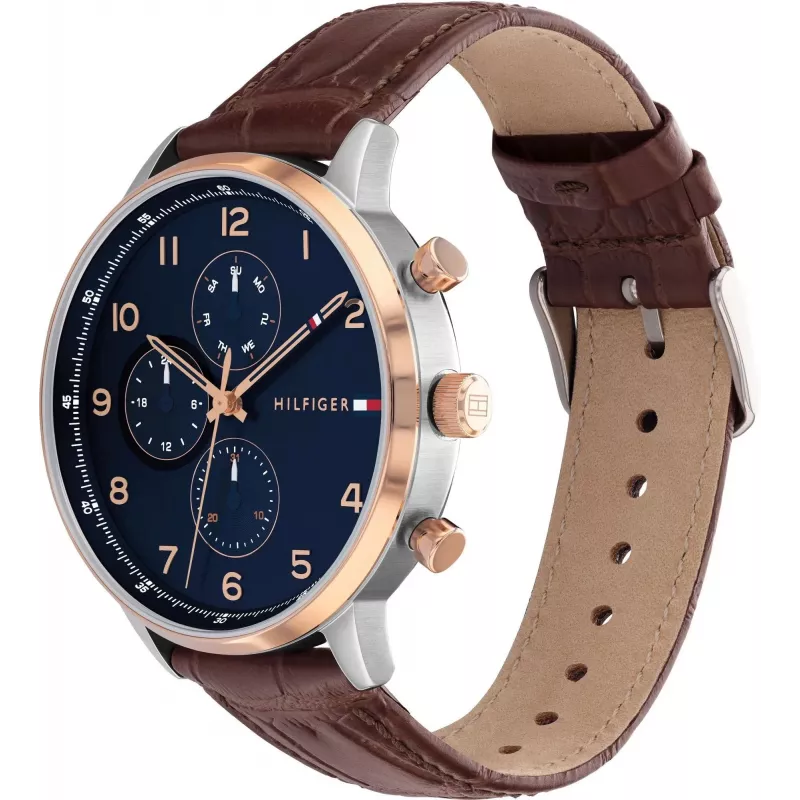 Vyriškas laikrodis Tommy Hilfiger 1791987 44mm nerūdijančio plieno korpusas, rudo odos dirželis, mėlynas ciferblatas