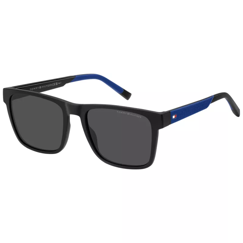 TOMMY HILFIGER TH-2144-S-D51 Vyriški stačiakampiai akiniai nuo saulės - Juodas acetatinis rėmas, pilki polikarbonatiniai lęšiai 55/19/145 mm