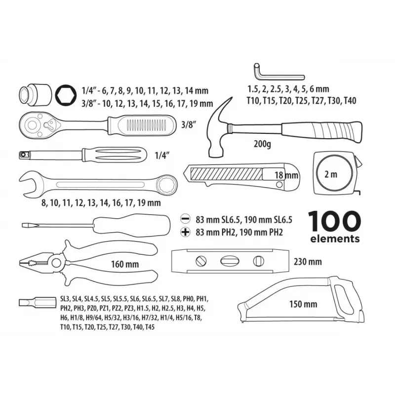 Top Tools 100 dalių 1/4 colio ir 3/8 colio pavaros lizdų ir įrankių rinkinys su chromo vanadžio plienu, 72 dantų reketu ir liejamo plastiko dėklu