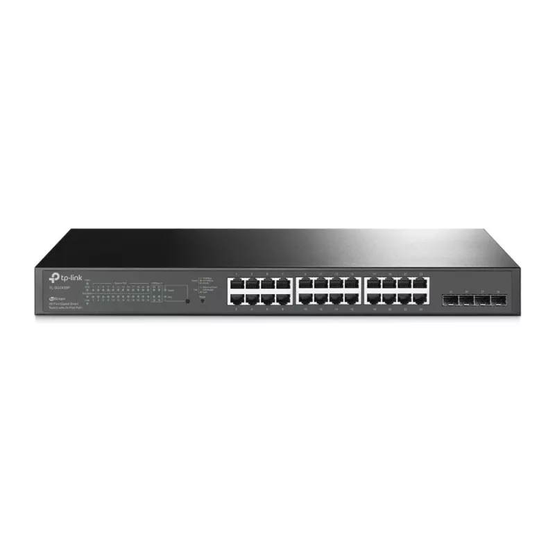 TP-Link JetStream 28 prievadų gigabitinį išmanųjį PoE+ komutatorių su 24 PoE+ prievadais ir 4 SFP lizdais