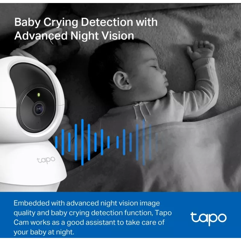 TP-Link Tapo C200C pasukama/pakreipiama namų apsaugos Wi-Fi kamera - 1080p Full HD, 360° horizontalus diapazonas, dvipusis garsas, naktinis matymas iki 9m, MicroSD iki 256GB, balta