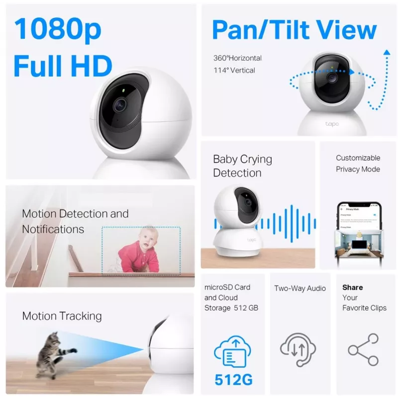TP-Link Tapo C200C pasukama/pakreipiama namų apsaugos Wi-Fi kamera - 1080p Full HD, 360° horizontalus diapazonas, dvipusis garsas, naktinis matymas iki 9m, MicroSD iki 256GB, balta