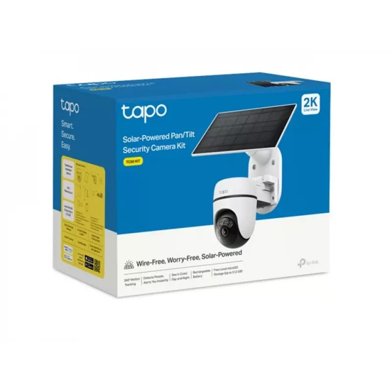 TP-Link Tapo TC90 KIT saulės energija varomas pasukamas/nukreipiamas apsaugos kamerų rinkinys, 2K QHD, lauko, baterija ir saulės energija, IP65, spalvotas naktinis matymas, belaidis, 1 kamera