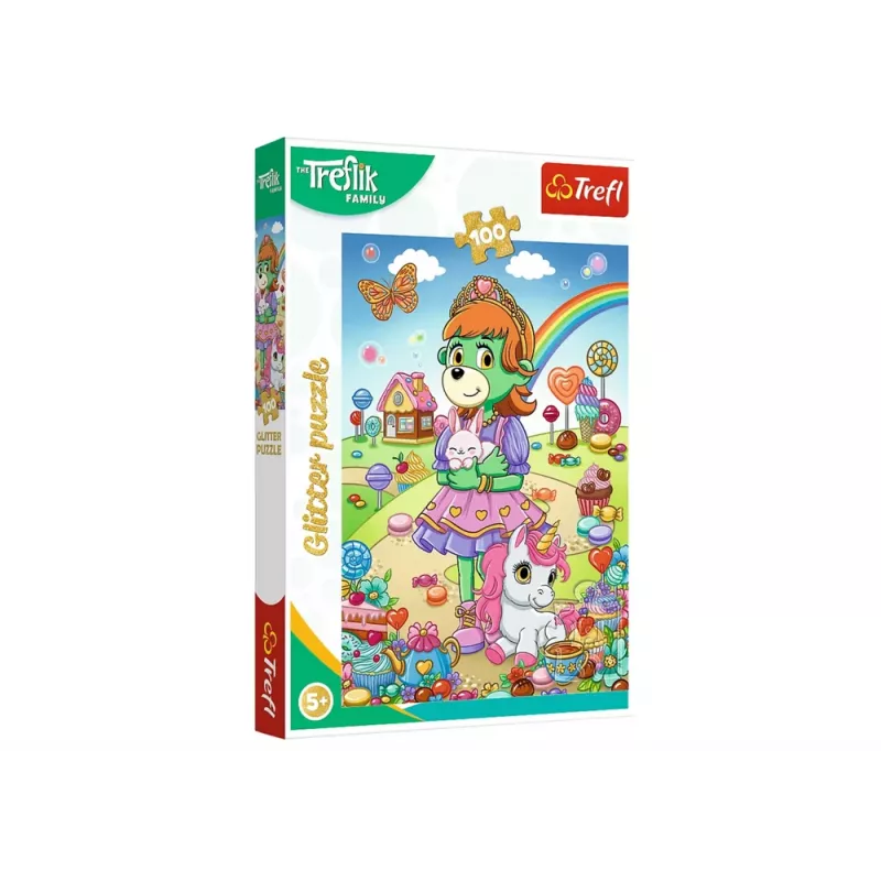 TREFL PUZZLE Dėlionė su blizgučiais Treflikų šeima 100 vnt. Blizgantys Treflikai Trefl 14833
