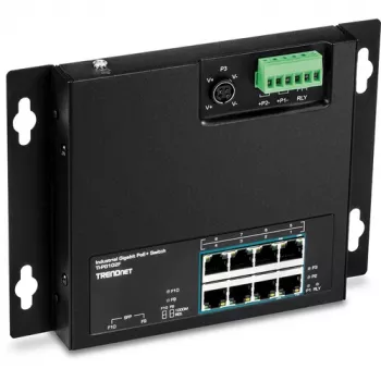 TRENDnet TI-PG102F pramoninis 8 prievadų Gigabit PoE+ jungiklis (240W, DIN bėgelis, IP30, be ventiliatoriaus)