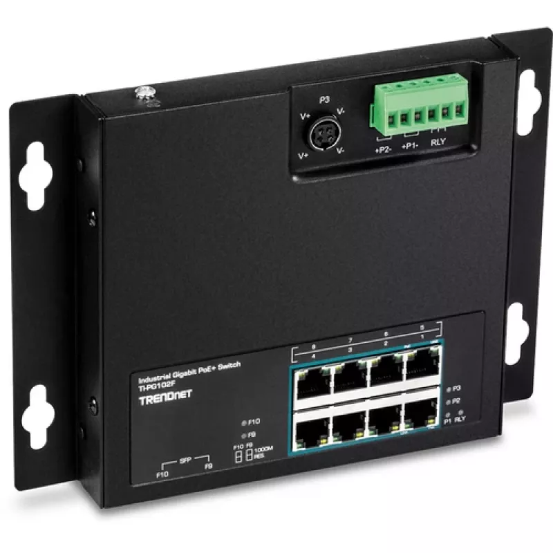 TRENDnet TI-PG102F pramoninis 8 prievadų Gigabit PoE+ jungiklis (240W, DIN bėgelis, IP30, be ventiliatoriaus)