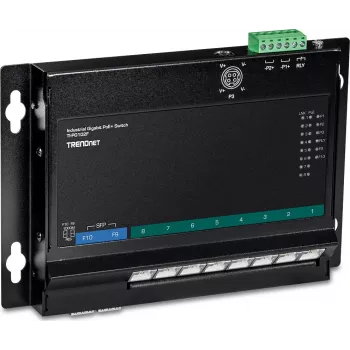 TRENDnet TI-PG102F pramoninis 8 prievadų Gigabit PoE+ jungiklis (240W, DIN bėgelis, IP30, be ventiliatoriaus)
