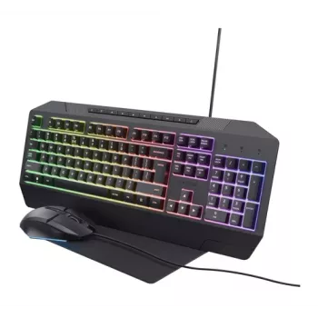 Trust GXT 791 laidinė žaidimų klaviatūra ir pelė - QWERTZ vokiška išdėstymas, vaivorykštės foninis apšvietimas, 2400 DPI optinė pelė, juoda 25284