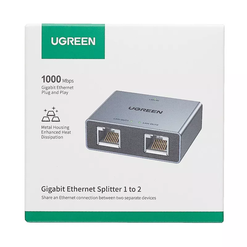 UGREEN 1 į 2 Gigabit Ethernet skirstytuvas, 1000Mbps LAN tinklo adapteris, RJ45 vyriškas į 2 moteriškus, pasyvus, juodas