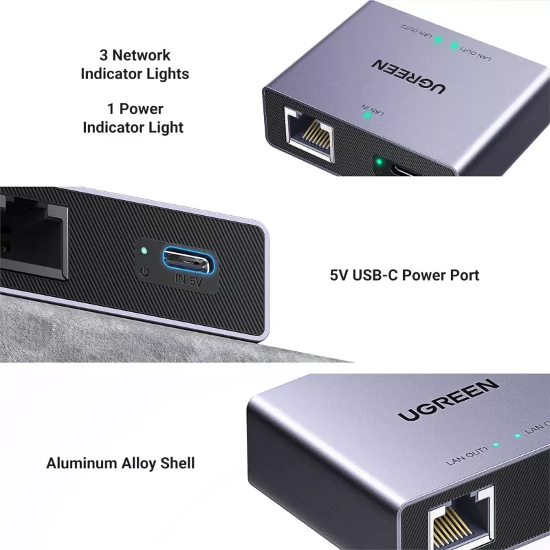 UGREEN 1 į 2 Gigabit Ethernet skirstytuvas, 1000Mbps LAN tinklo adapteris, RJ45 vyriškas į 2 moteriškus, pasyvus, juodas