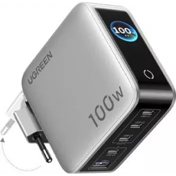 UGREEN 100W GaN Tech Nexode Pro 5-in-1 sieninis įkroviklis su išmaniuoju ekranu ir jutiklinio valdymo funkcija, 4x USB-C ir 1x USB-A, pilkas 65620
