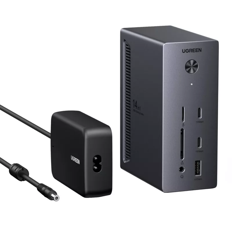 UGREEN 14-in-1 USB-C Dockinė stotis su dvigubu DisplayPort, HDMI, 100W PD, Gigabit Ethernet, SD/TF kortelių skaitytuvais ir 3,5 mm garso išvestimi