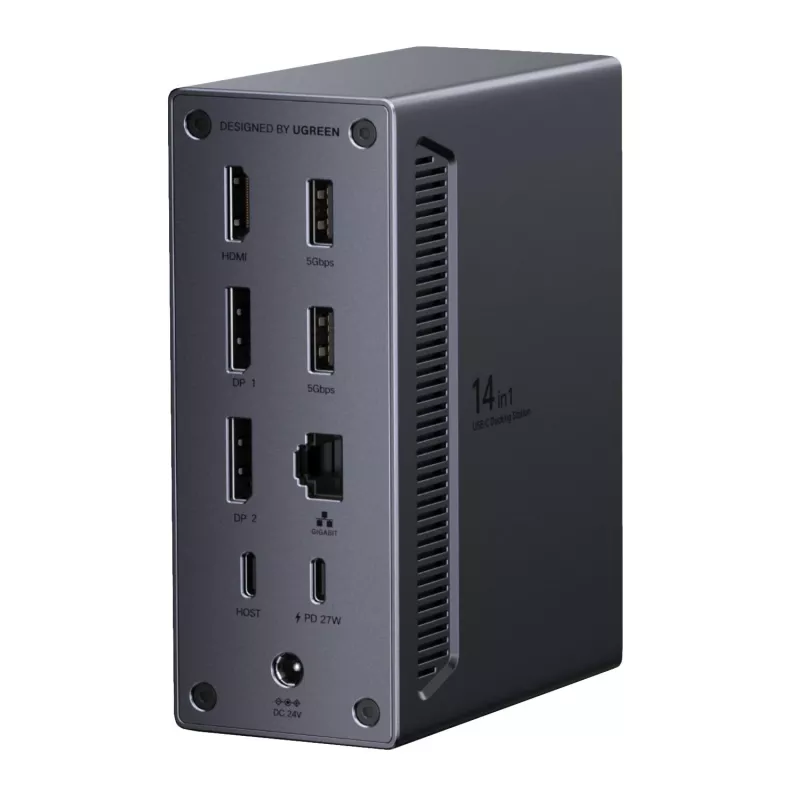 UGREEN 14-in-1 USB-C Dockinė stotis su dvigubu DisplayPort, HDMI, 100W PD, Gigabit Ethernet, SD/TF kortelių skaitytuvais ir 3,5 mm garso išvestimi