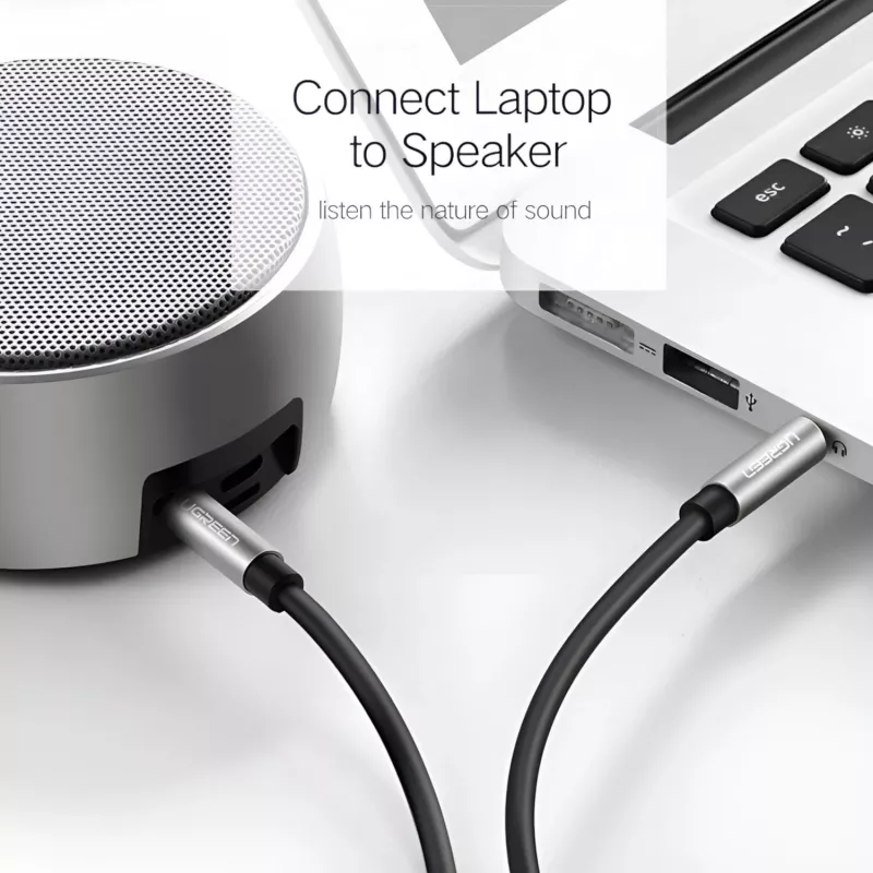 UGREEN 3,5 mm aux kabelis 2 m – 24K auksu dengtas stereo garso kabelis, deguonies neturintis varis, dvigubai ekranuotas, TPE apvalkalas, nusileidžianti jungtis telefono dėklams, juoda