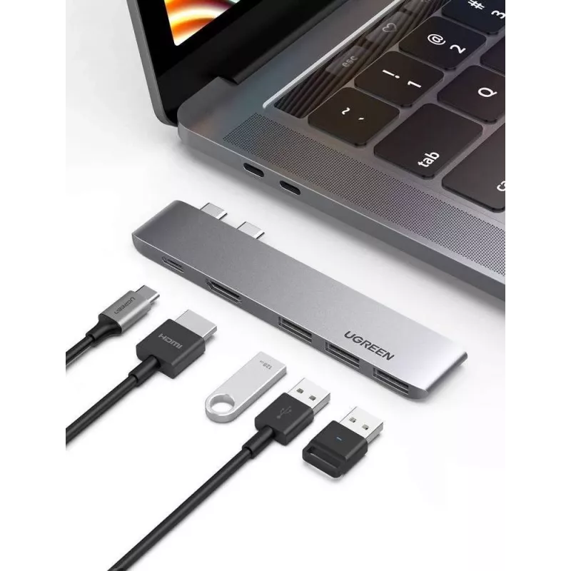 UGREEN 60559 USB-C dokavimo stotis 9-in-1 šakotuvas su 4K HDMI, 3x USB 3.0, Gigabit Ethernet, SD/MicroSD, 100W PD, sidabrinis