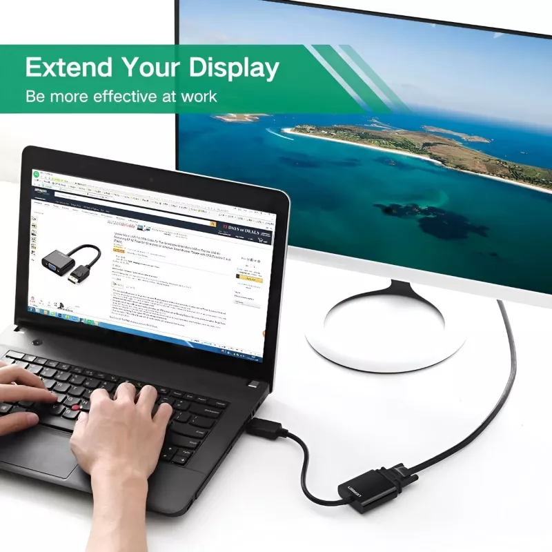 UGREEN DisplayPort vyriškas į VGA moterišką keitiklis, aktyvus adapteris, Full HD 1080p, auksu padengtas, juodas