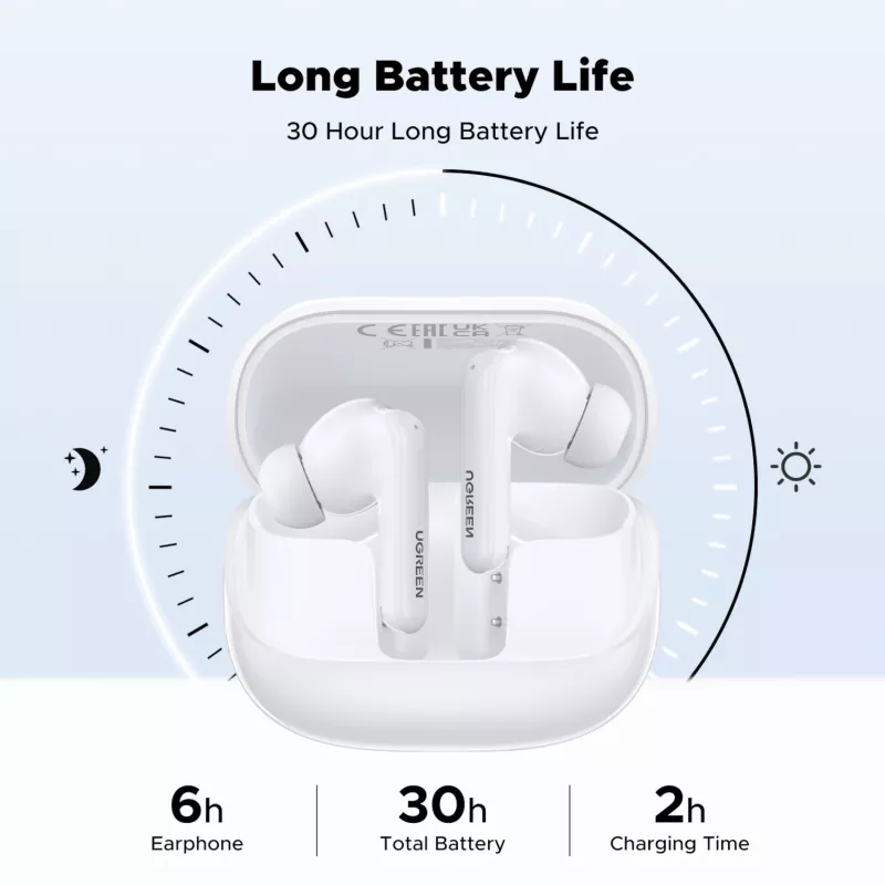 UGREEN EchoBuds Magic belaidžiai į ausis įdedami ausinukai su aktyviu triukšmo slopinimu, Bluetooth 5.2, IPX5 atsparumas vandeniui – balti