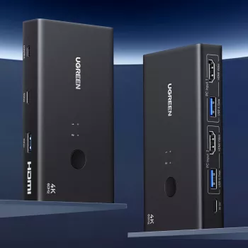 UGREEN HDMI 2.0 KVM jungiklis 2 į 1 iš, 2 kompiuteriai 1 monitorius, 4K@60Hz, 3 prievadų USB 2.0 šakotuvas, mygtuko ir sparčiųjų klavišų perjungimas, aliuminio lydinys, HDCP 2.2, HDR10