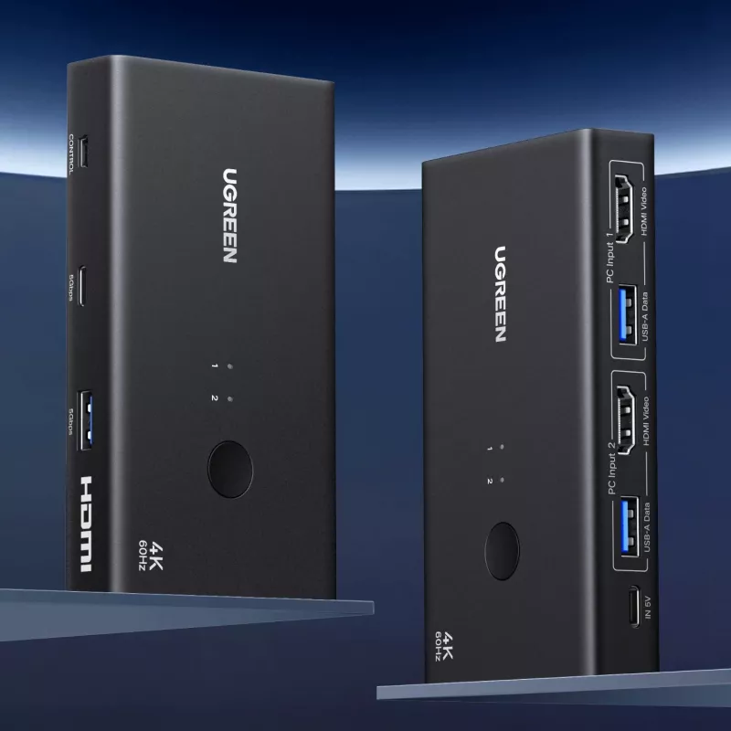UGREEN HDMI 2.0 KVM jungiklis 2 į 1 iš, 2 kompiuteriai 1 monitorius, 4K@60Hz, 3 prievadų USB 2.0 šakotuvas, mygtuko ir sparčiųjų klavišų perjungimas, aliuminio lydinys, HDCP 2.2, HDR10