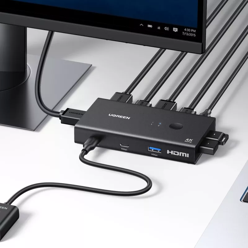 UGREEN HDMI 2.0 KVM jungiklis 2 į 1 iš, 2 kompiuteriai 1 monitorius, 4K@60Hz, 3 prievadų USB 2.0 šakotuvas, mygtuko ir sparčiųjų klavišų perjungimas, aliuminio lydinys, HDCP 2.2, HDR10