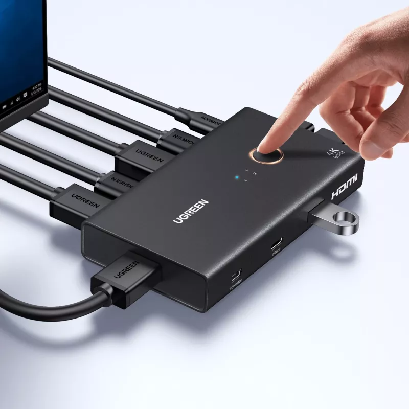 UGREEN HDMI 2.0 KVM jungiklis 2 į 1 iš, 2 kompiuteriai 1 monitorius, 4K@60Hz, 3 prievadų USB 2.0 šakotuvas, mygtuko ir sparčiųjų klavišų perjungimas, aliuminio lydinys, HDCP 2.2, HDR10