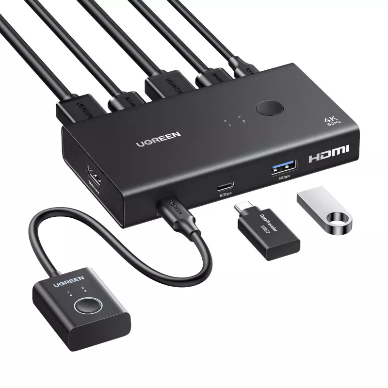 UGREEN HDMI 2.0 KVM jungiklis 2 į 1 iš, 2 kompiuteriai 1 monitorius, 4K@60Hz, 3 prievadų USB 2.0 šakotuvas, mygtuko ir sparčiųjų klavišų perjungimas, aliuminio lydinys, HDCP 2.2, HDR10