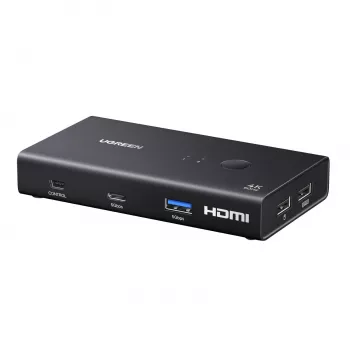 UGREEN HDMI 2.0 KVM jungiklis 2 į 1 iš, 2 kompiuteriai 1 monitorius, 4K@60Hz, 3 prievadų USB 2.0 šakotuvas, mygtuko ir sparčiųjų klavišų perjungimas, aliuminio lydinys, HDCP 2.2, HDR10