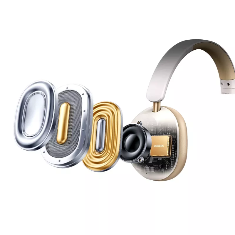 UGREEN HiTune Max 5C belaidės ausinės ant ausų, hibridinis ANC, Bluetooth 5.4, 40 mm tvarkyklės, 40 val. baterija - smėlio spalvos