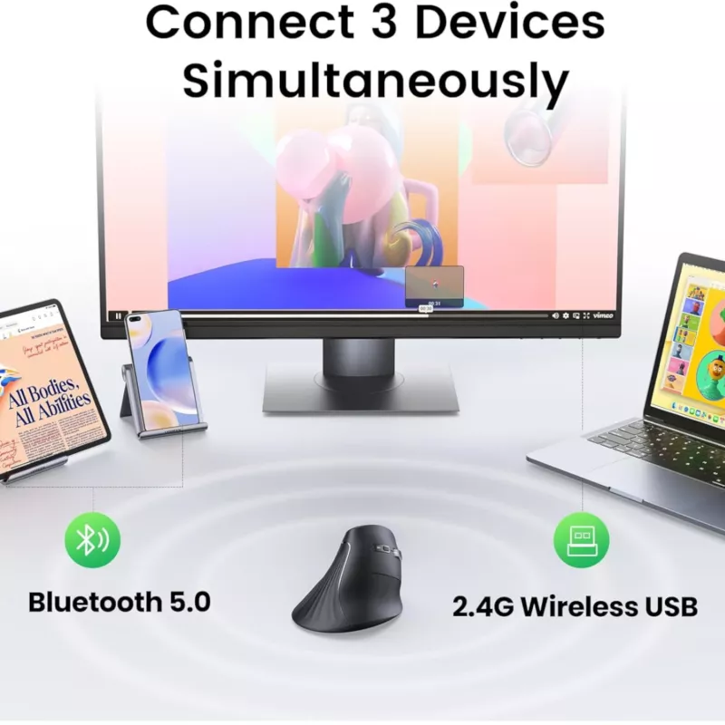 UGREEN Multi-Mode vertikali pelė Bluetooth ir 2.4G belaidė – juoda