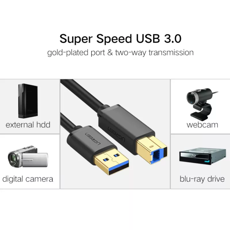 UGREEN US210 USB 3.0 A-B laidas, 2m, juodas