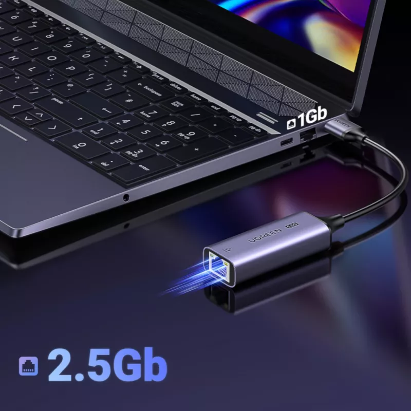 UGREEN USB-A 3.2 Gen 1 į 2.5G Ethernet adapteris, 2,5 Gbps RJ45 LAN, aliuminis, kosminė pilka, Plug & Play, Realtek RTL8156B, 10 cm laidas