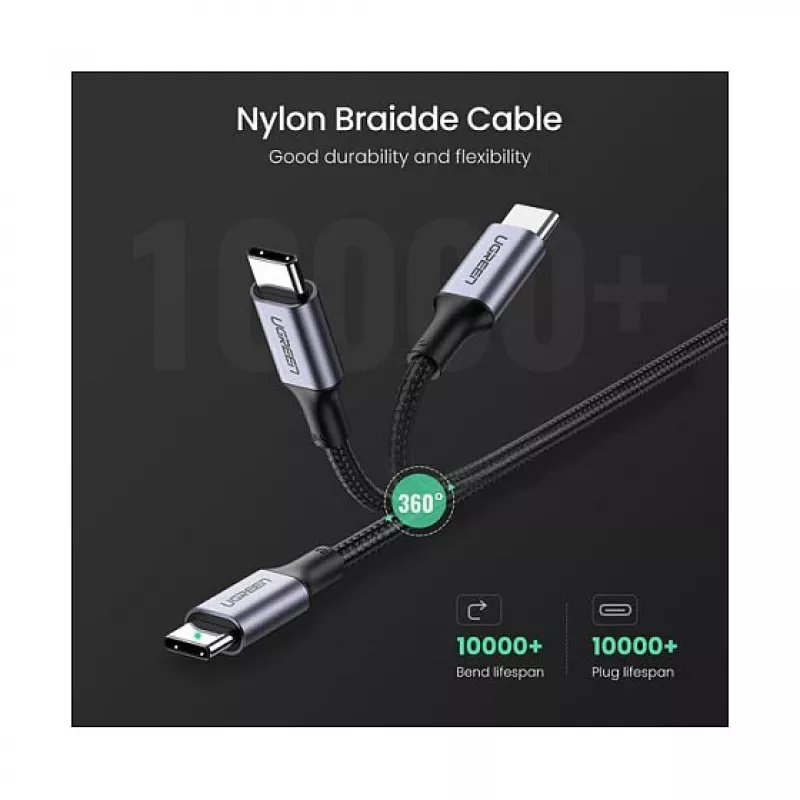UGREEN USB-C į USB-C 100W pynimo nailono įkrovimo laidas 2m juodas
