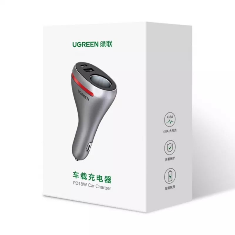 UGREEN USB Type C / USB QC PD 24W automobilinis įkroviklis su 12V cigarečių degiklio lizdu sidabrinis (CD204)