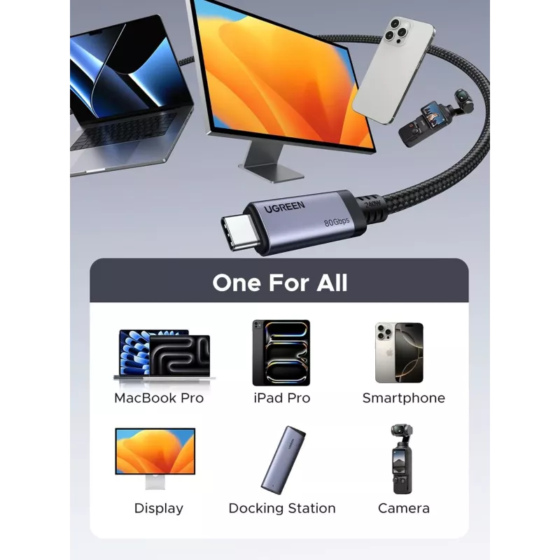 UGREEN USB4 USB-C į USB-C laidas 240W 40Gbps 16K@60Hz 80Gbps Thunderbolt 4 suderinamas 1m nailono pynė