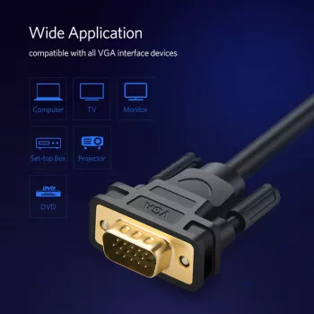 UGREEN VG101 VGA vyriškas į vyrišką kabelis 1,5 m – Full HD 1080p, auksu padengtos jungtys, dvigubas ekranavimas, dvigubos ferito šerdys