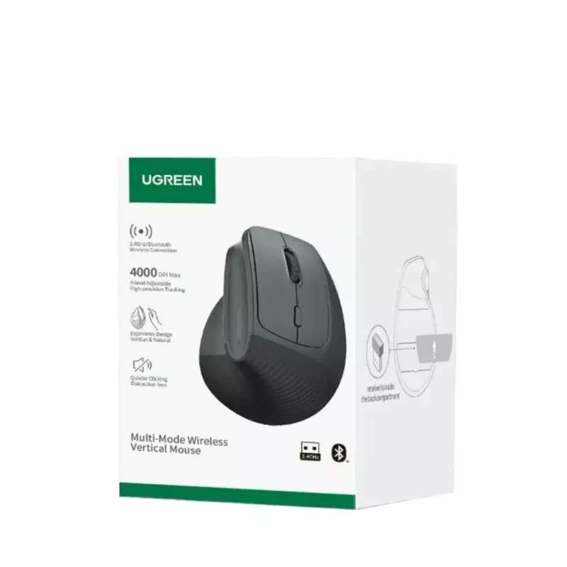 UGREEN belaidė vertikali pelė juoda 2.4GHz ergonomiška tyliu spustelėjimu 2400 DPI
