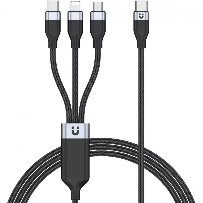 UNITEK 3-in-1 USB-A į Lightning, USB-C, Micro USB nailono pynės įkrovimo laidas 1,2 m juodas
