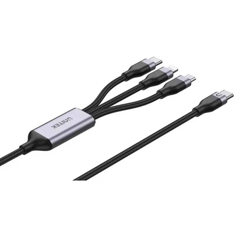 UNITEK 3-in-1 USB-A į Lightning, USB-C, Micro USB nailono pynės įkrovimo laidas 1,2 m juodas
