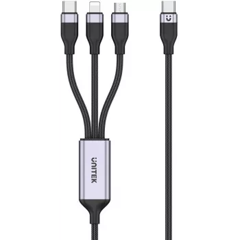UNITEK 3-in-1 USB-A į Lightning, USB-C, Micro USB nailono pynės įkrovimo laidas 1,2 m juodas