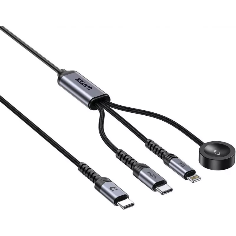 UNITEK 3-in-1 USB-C + Lightning + Apple Watch įkrovimo laidas, 100W PD, 480 Mbps, 1,2 m, juodas