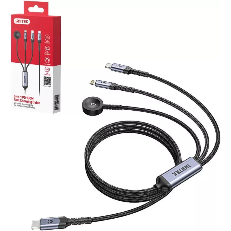 UNITEK 3-in-1 USB-C + Lightning + Apple Watch įkrovimo laidas, 100W PD, 480 Mbps, 1,2 m, juodas