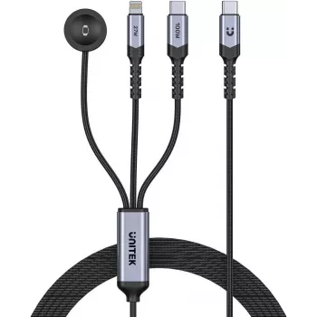UNITEK 3-in-1 USB-C + Lightning + Apple Watch įkrovimo laidas, 100W PD, 480 Mbps, 1,2 m, juodas
