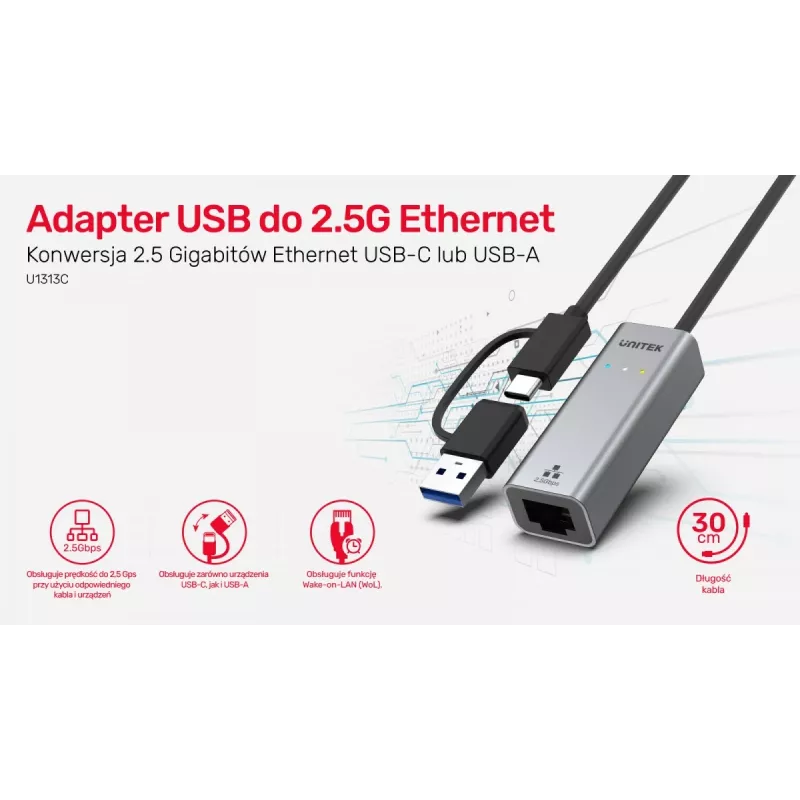 UNITEK USB-A/C 3.1 Gen 1 į RJ45 2.5 Gigabit Ethernet adapteris U1313C