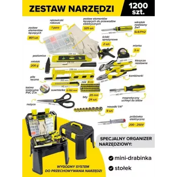 Universalus įrankių ir tvirtinimo detalių rinkinys 1200 vnt. 1/4 colio 6 taškų su reketu, galvutėmis, atsuktuvais, veržliarakčiais, šešiabriauniais raktais, replėmis, plaktuku, peiliu, matavimo juosta, gulsčiuku, varžtais, veržlėmis, poveržlėmis, kaiščiai