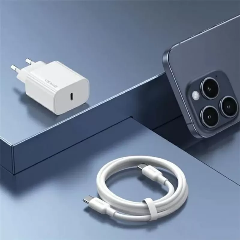 USAMS Yi Series T65 20W PD Greitasis Įkroviklis su USB-C į USB-C 60W Laidu, Baltas (OYXLTZ01)