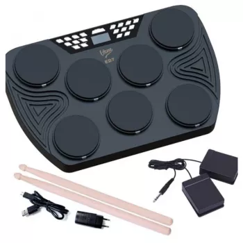V-TONE ED7 nešiojamas elektroninis būgnų komplektas su USB-C, 7 silikoniniais pagalvėliais, 2 pėdų pedalais, 5 išankstiniais rinkiniais, įmontuotu garsiakalbiu